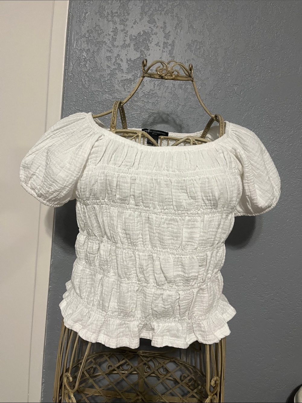 French Connection White Smocked Puff-Sleeve Blouse